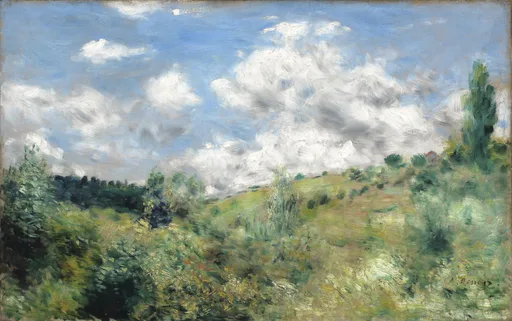 A windswept rural landscape with bushes and trees bending on a grassy hillside beneath a sky of billowing white clouds, in green and blue