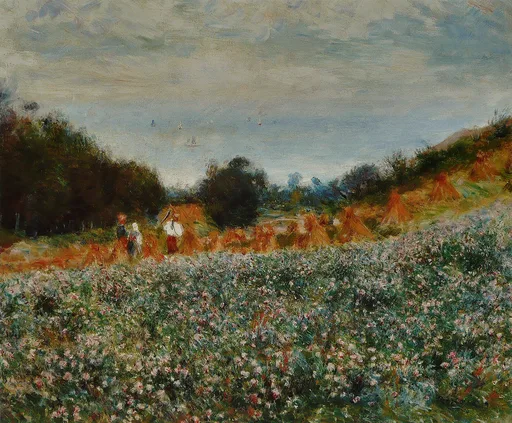 Golden hay stacks rise from a field of pink and white flowering plants, small figures working near the sea.