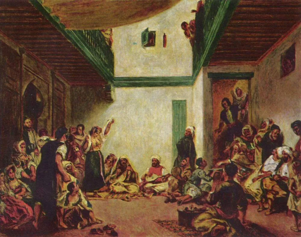 A crowded courtyard scene with seated musicians and a dancing woman raising her arm, in dark red, green, and ochre tones