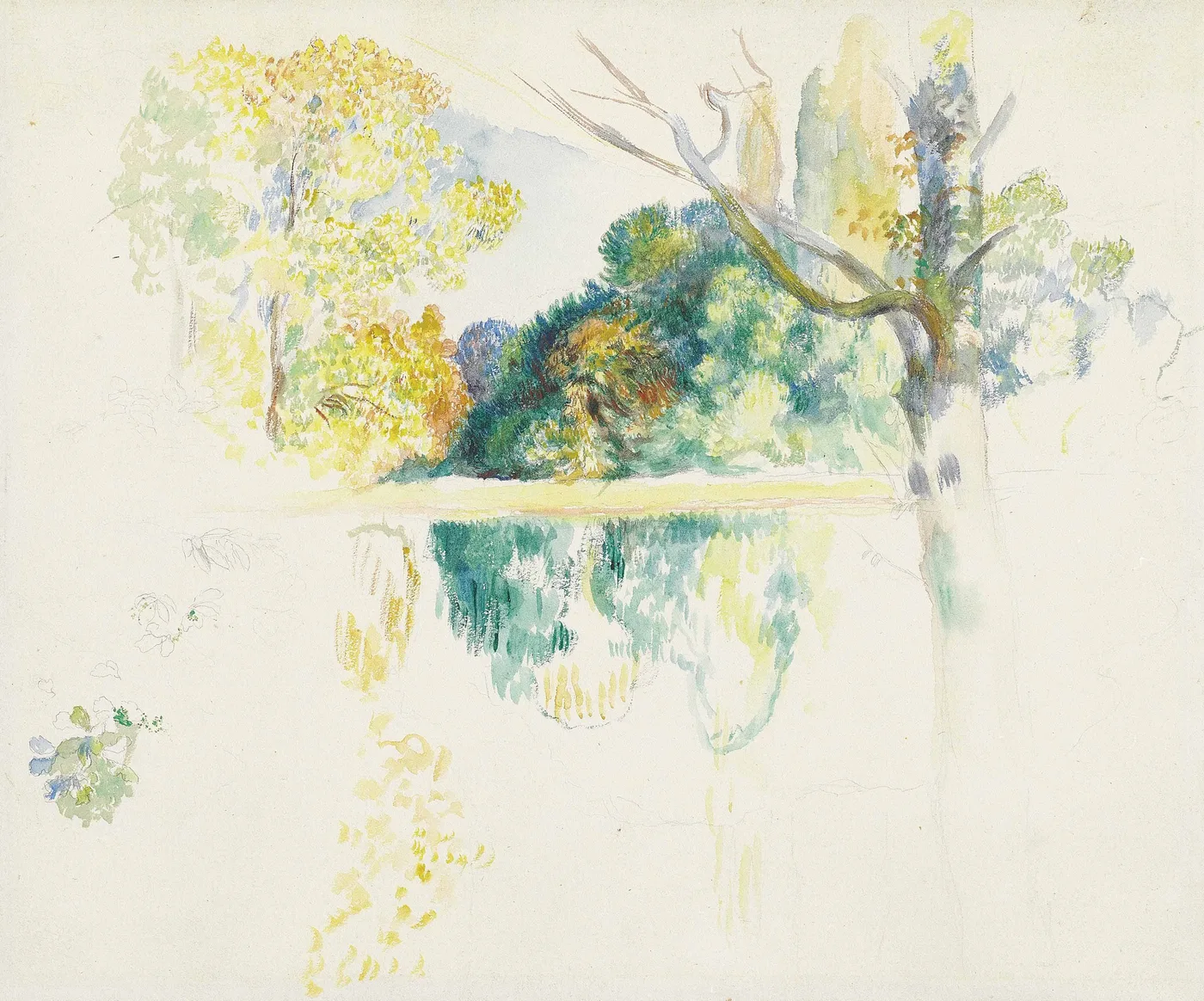 A watercolour study shows trees in green and gold reflected in a still lake, with pencil sketching on white paper.