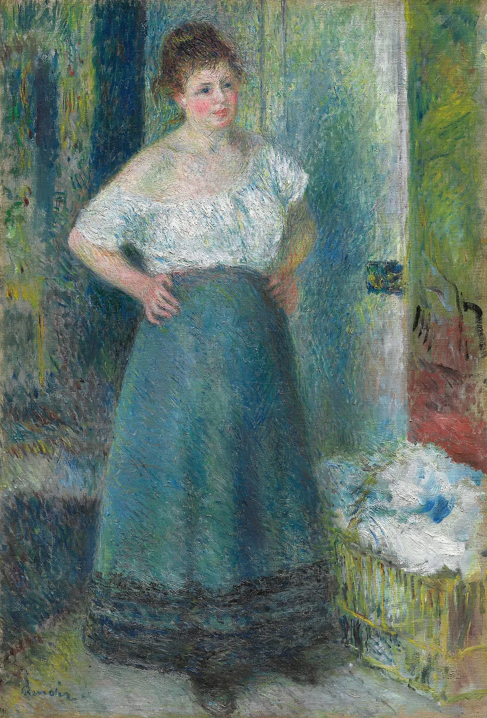 A young woman in a white blouse and teal skirt stands with hands on hips beside a basket of white linens, against a green backdrop