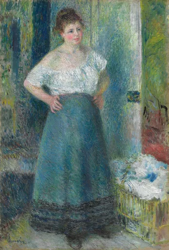 A young woman in a white blouse and teal skirt stands with hands on hips beside a basket of white linens, against a green backdrop