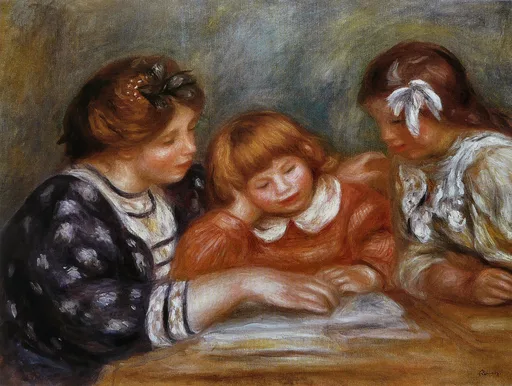 Three girls lean over a table together, one in dark patterned dress pointing at a paper, another in orange with a white collar.