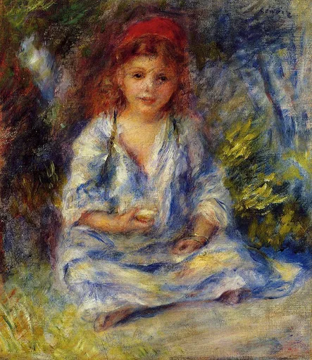 A girl in a red headscarf and blue-white striped robe sits cross-legged against a wooded green background.