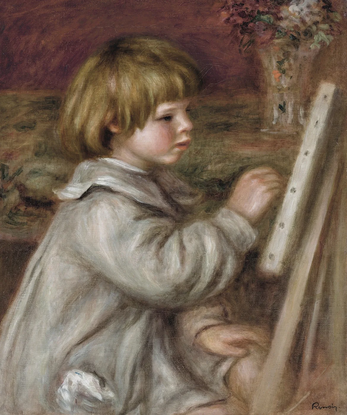 A blond child in a white smock painting at an easel beside a vase of flowers, in cream, deep red, and soft brown