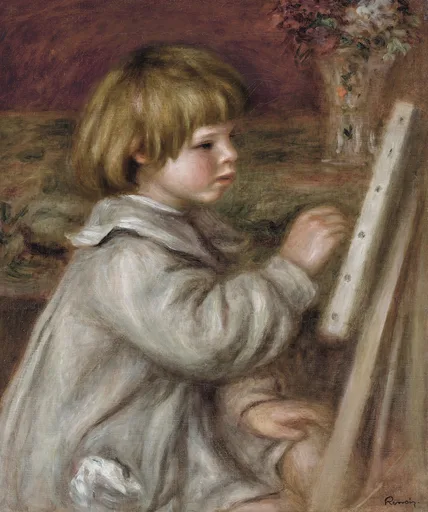 A blond child in a white smock painting at an easel beside a vase of flowers, in cream, deep red, and soft brown