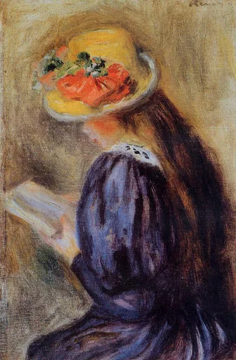 A girl seen from behind reads a book, wearing a straw hat trimmed with red flowers and a dark blue dress.