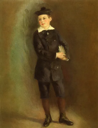 A schoolboy in a navy uniform, white collar and beret holds a stack of books against a warm brown background.
