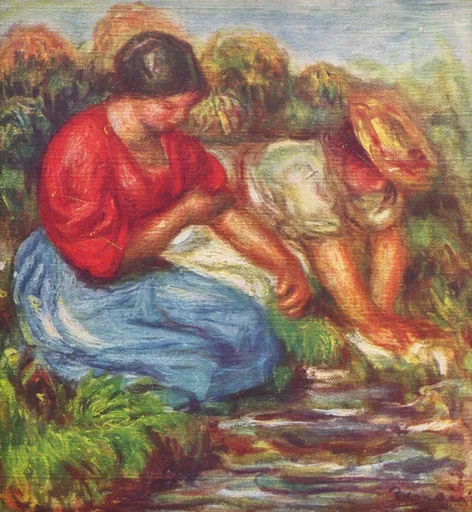 Two women crouch to wash laundry in a stream, one in a red blouse and blue skirt, another in a straw hat leaning over the water.