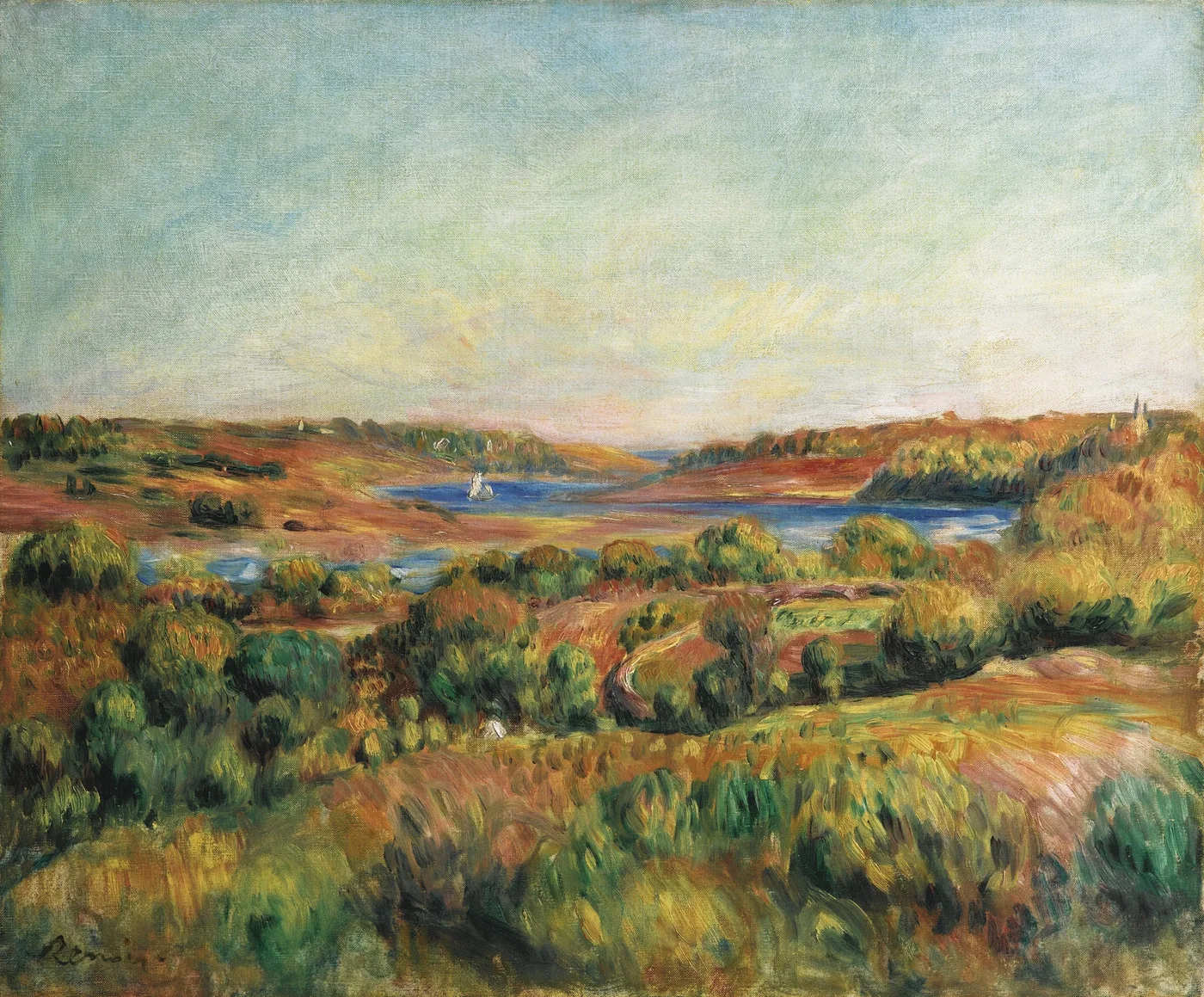 A panoramic river estuary with a small sailboat winds through rust and green hills beneath a pale blue sky.