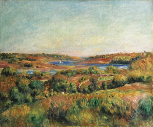 A panoramic river estuary with a small sailboat winds through rust and green hills beneath a pale blue sky.