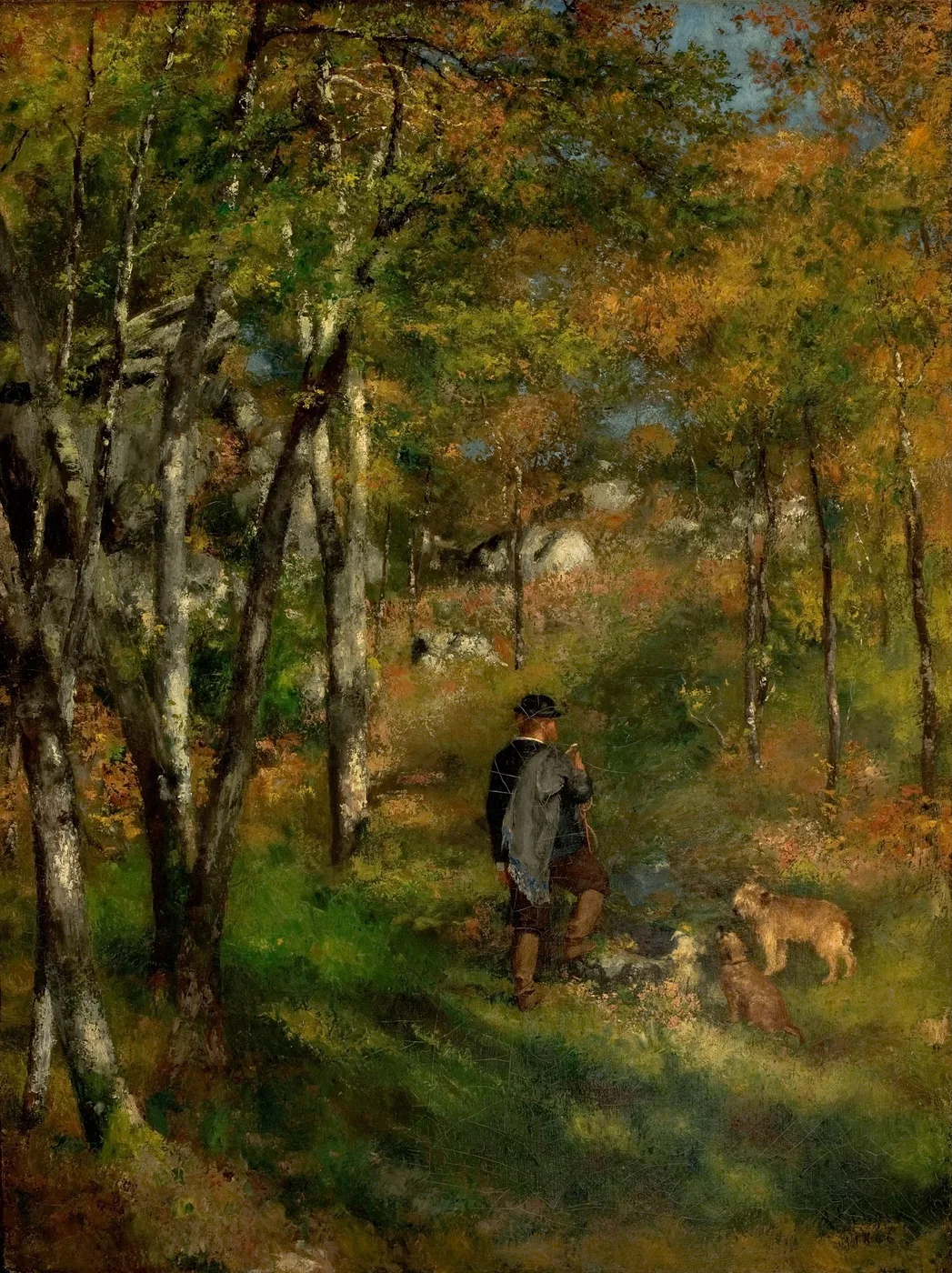 A man in a dark coat and hat walks through an autumn forest with two dogs beside him, in golden brown and green woodland tones