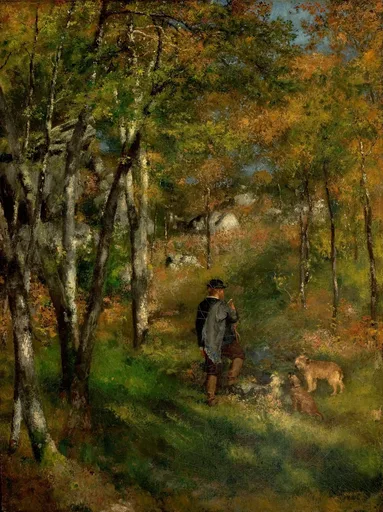 A man in a dark coat and hat walks through an autumn forest with two dogs beside him, in golden brown and green woodland tones