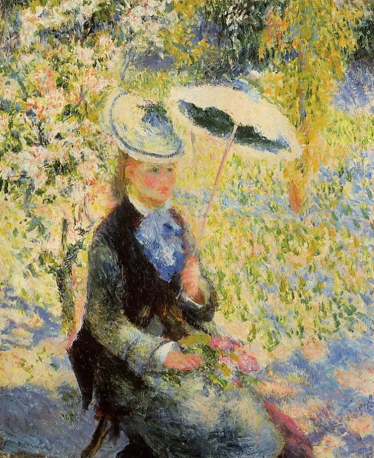 A woman in a straw hat holds a cream parasol beneath dappled blooms, her dress green with a blue collar bow.