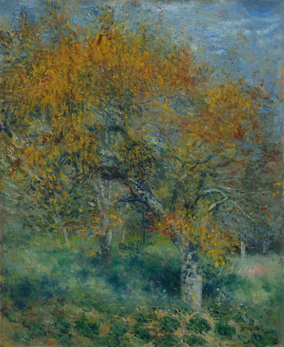 A pear tree with golden autumn foliage stands in a grassy orchard under a pale blue sky, painted in warm ochre and green