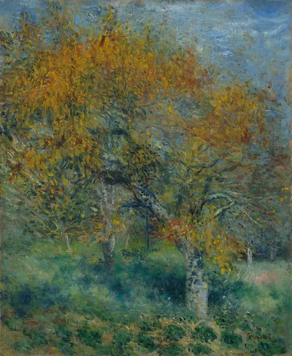 A pear tree with golden autumn foliage stands in a grassy orchard under a pale blue sky, painted in warm ochre and green