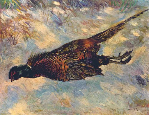 A dead pheasant lying in the snow with its long tail feathers spread, in rust brown, iridescent green, and white