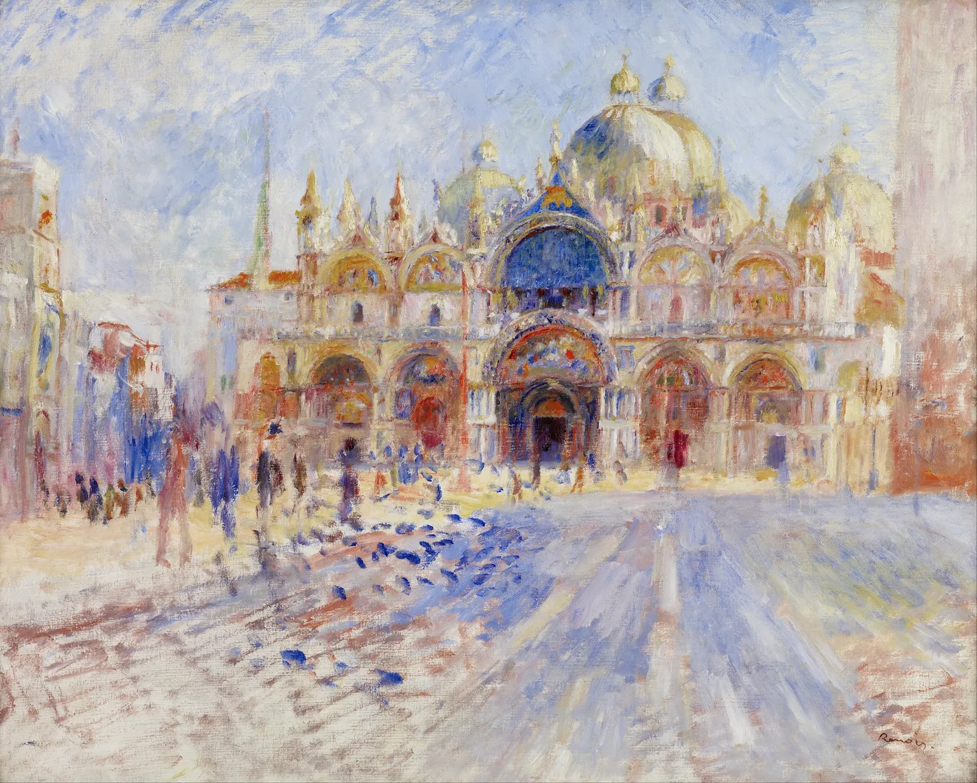 A domed cathedral with golden arches overlooks a sunlit plaza scattered with pigeons and strolling figures, in pale gold, blue, and cream