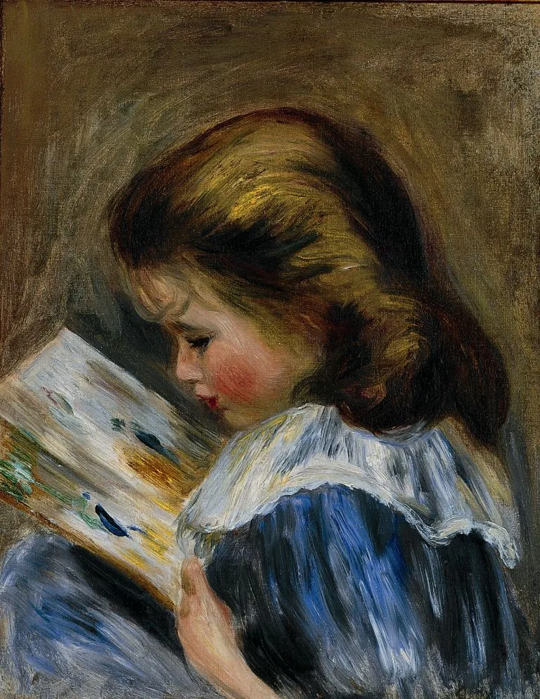 A child in a blue dress with a white lace collar absorbed in a picture book, in auburn, blue, and warm brown
