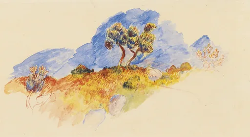 A watercolour sketch shows two pine trees on an ochre hillside against a loose wash of blue sky.