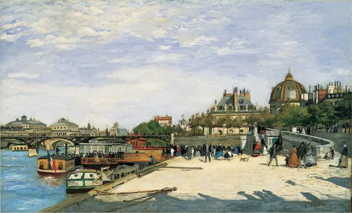 Crowds stroll along the sandy quay of the Seine near the domed Institut de France as barges float on the blue water, under a pale cloudy sky