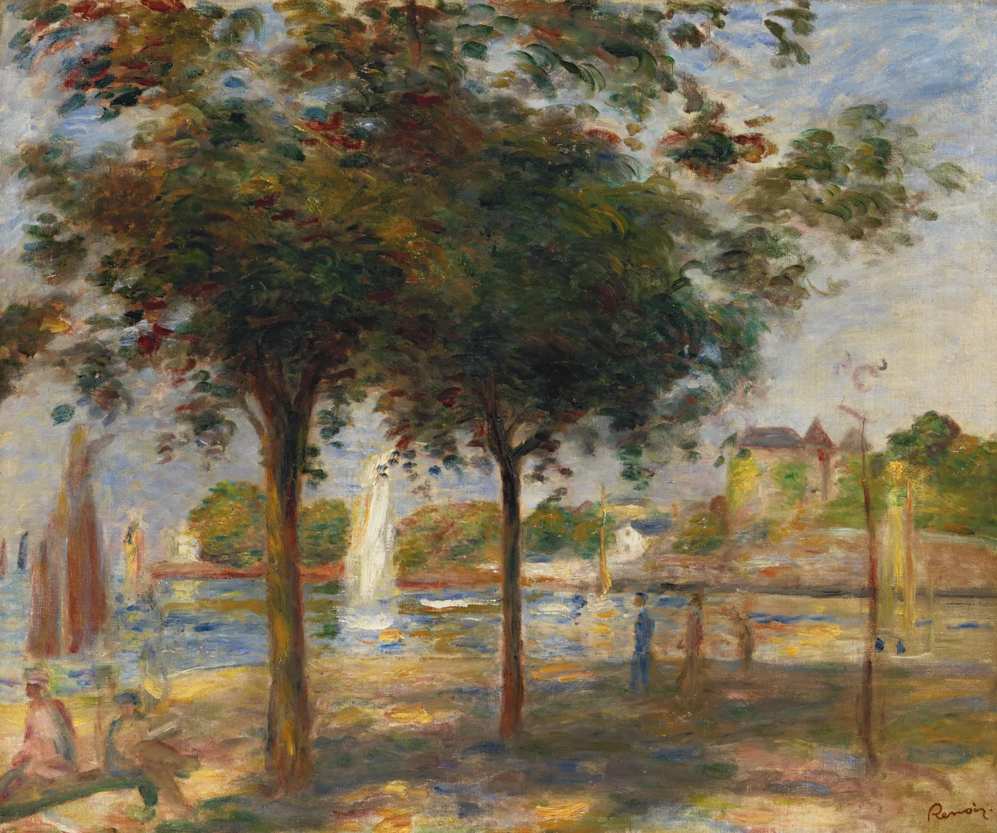 Trees frame a harbour where white sailboats rest on the water, figures walking the quay before distant buildings.