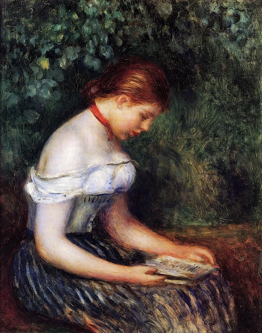 A young woman reads a book, her white blouse slipping off one shoulder, seated before dark green foliage.