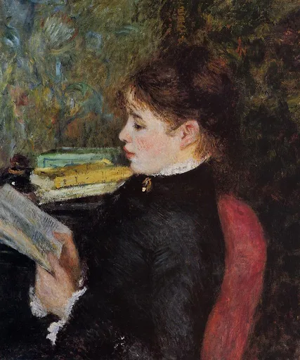 A woman in profile reads a newspaper, wearing a black dress with a white lace collar, beside a red chair.