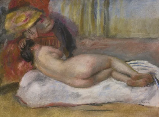 A nude woman lies face down on white drapery, a companion in a straw hat and red garment reclining behind her.