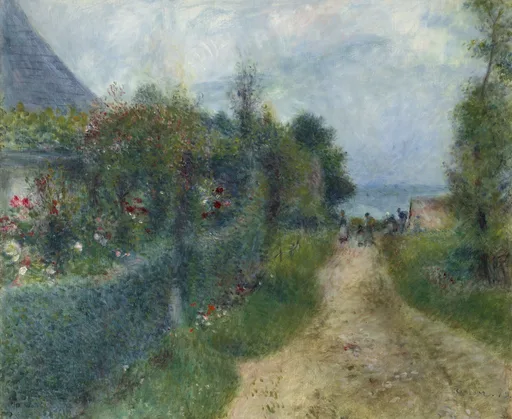 A dirt path bordered by flowering rose hedges leads past a thatched cottage toward the distant sea.