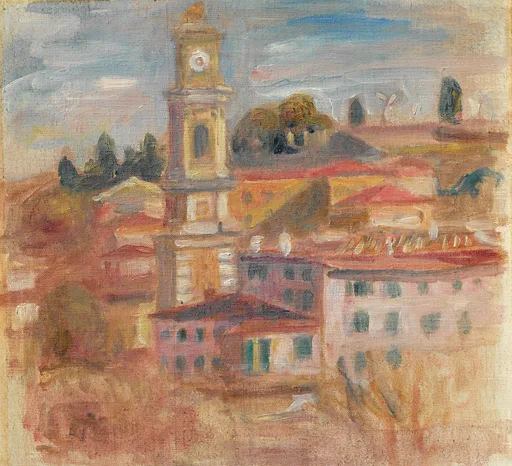 A clock tower rises above the terracotta rooftops of old Nice under a pale blue sky, in warm ochre and rose tones.