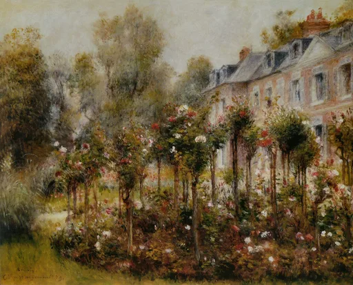A row of rose bushes with red and white blooms lines a path beside a grey-roofed manor house, in soft cream, green, and rose tones