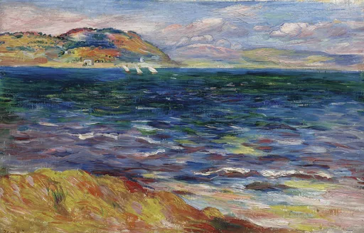 A coastal seascape shows deep blue-green water with small white sailboats near a distant headland, ochre shore in front.