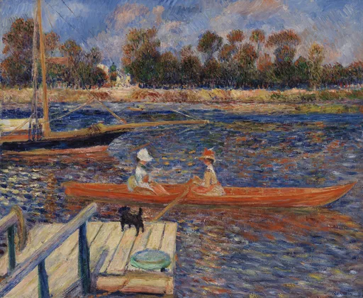 Two figures in an orange rowboat near a dock with a small dog on the river, in blue, orange, and green