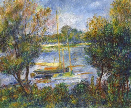 Moored boats on a blue river are glimpsed through a frame of green willow branches along the bank.