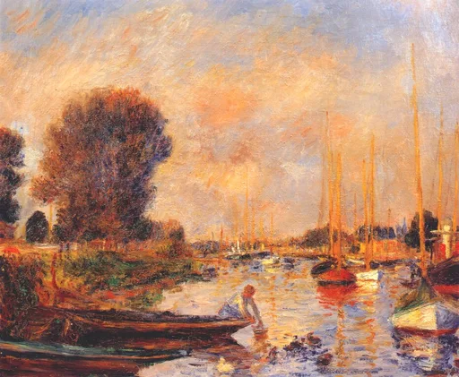 A marina of tall masts and moored sailboats glows under an orange sunset sky, a woman leaning from a rowboat below.