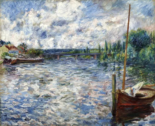 A moored red sailboat with a tall mast on a rippling river, a distant bridge and riverside houses under a cloudy sky, in blue, white and green