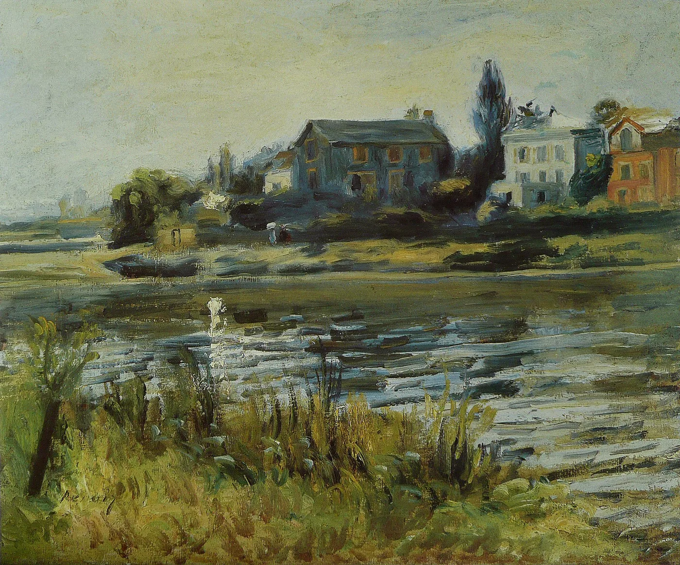 Riverside houses in blue-grey and orange line the far bank of a calm river, grassy reeds in the foreground.