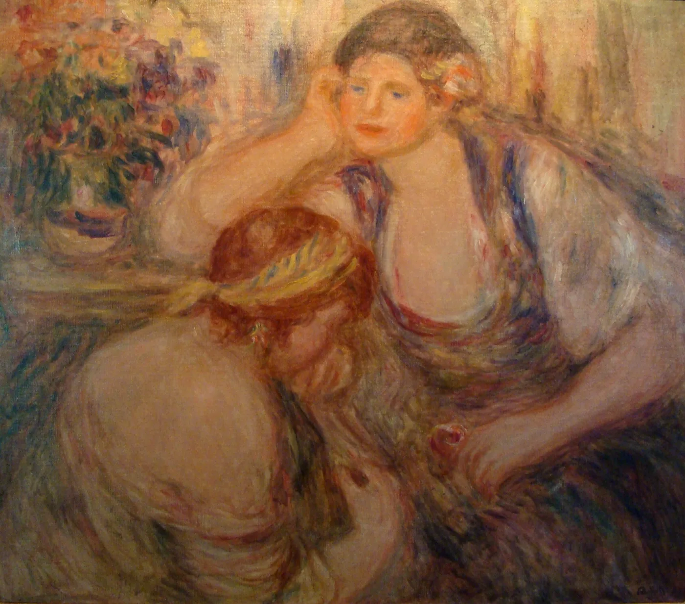 Two young women close together, one resting her head on her hand, near a vase of flowers, in warm peach, mauve, and gold