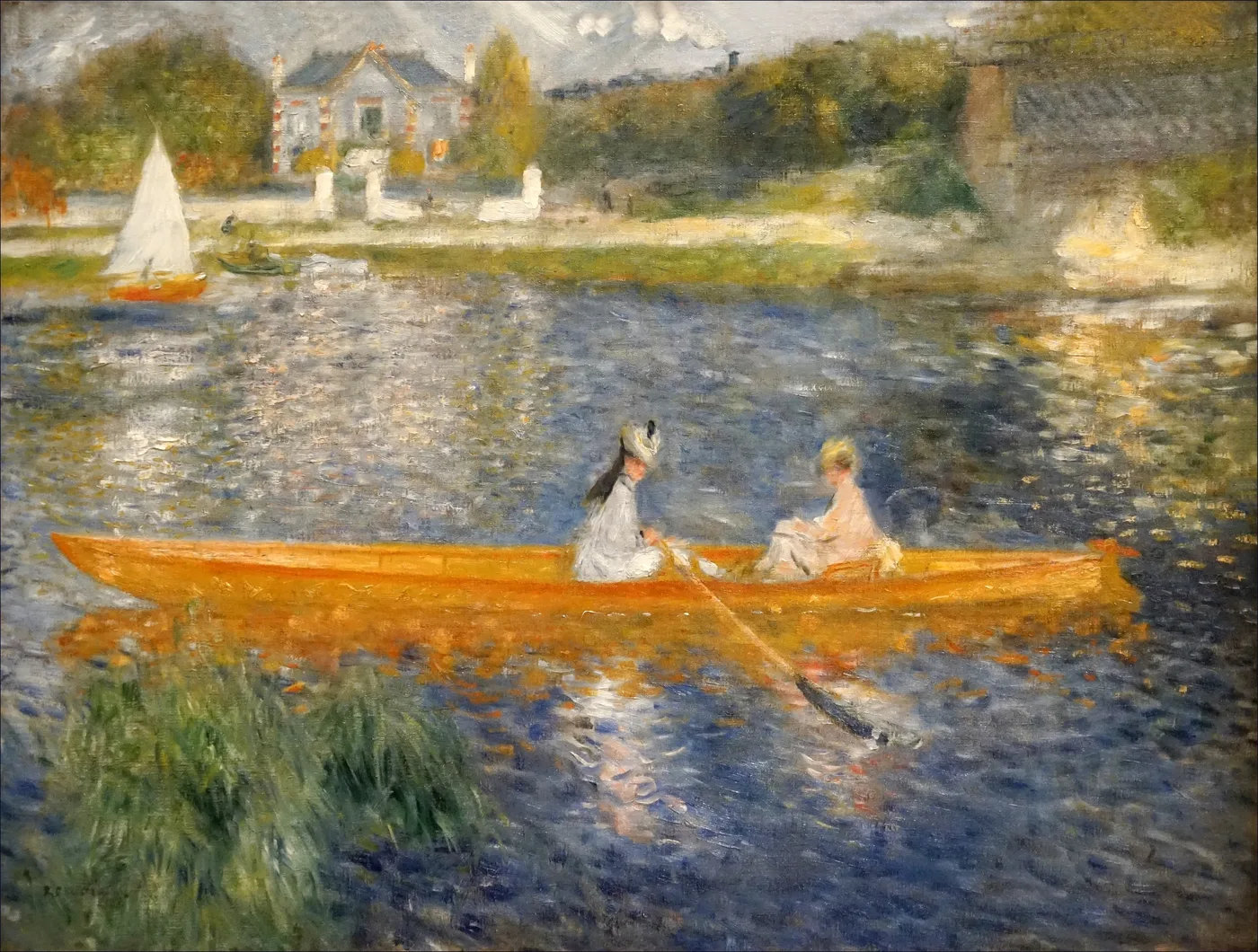 Two women in a bright orange rowboat on the Seine near a riverside house and a sailboat, in vivid orange, deep blue, and green