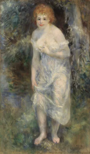 A red-haired woman stands barefoot in a wood, a pale blue-white drape slipping off her shoulders, amid green and brown foliage