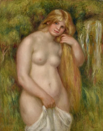 A nude woman with long flowing blonde hair standing before a leafy waterfall backdrop, in warm flesh tones and deep green