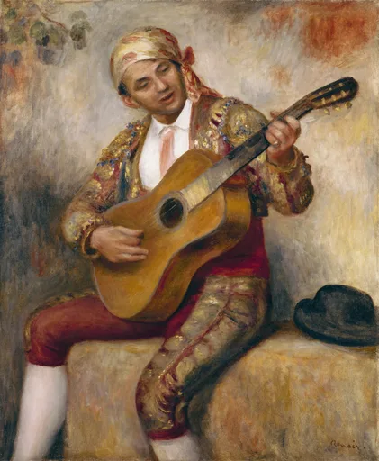 A seated man in an ornate embroidered jacket and headscarf playing a guitar, in gold, deep red, and cream