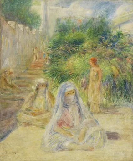 Veiled figures sit near a stone staircase in a sunlit courtyard, a green shrub and further figures beyond.