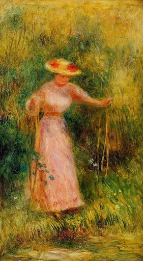 A woman in a straw hat trimmed with red cherries stands amid tall grasses in a pink dress, golden-green foliage around her.