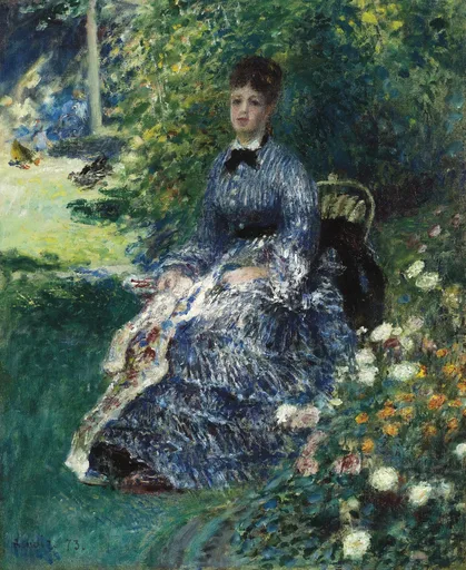A woman in a blue striped dress with a black bow at her neck sits with needlework in a garden full of flowers.