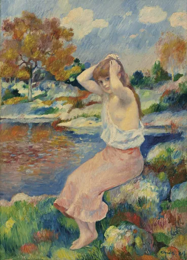 A young woman by a riverbank pulls her white blouse from her shoulders, pink skirt below, amid colourful autumn trees.