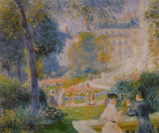 Strollers move through a Parisian square among trees and flower beds, tall buildings rising behind a couple in the foreground.