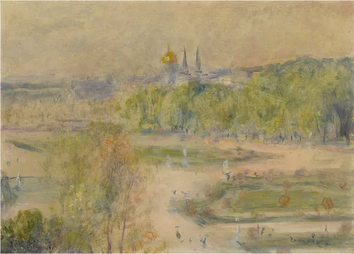 A hazy garden view shows statues along tree-lined paths, small figures strolling, church domes in the distance, in soft peach and green.