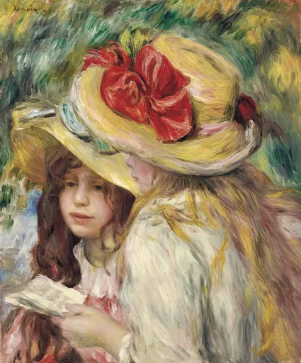 Two sisters read a book together, one wearing a straw hat trimmed with a large red bow, against green foliage.